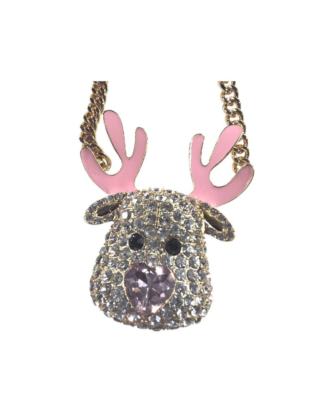 Betsey Johnson Crystal Rhinestone Reindeer Pendant Necklace Pink Antlers